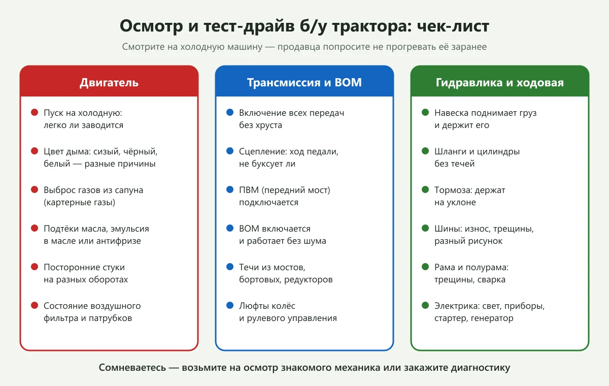 Чек-лист осмотра и тест-драйва б/у трактора: двигатель, трансмиссия, гидравлика и ходовая