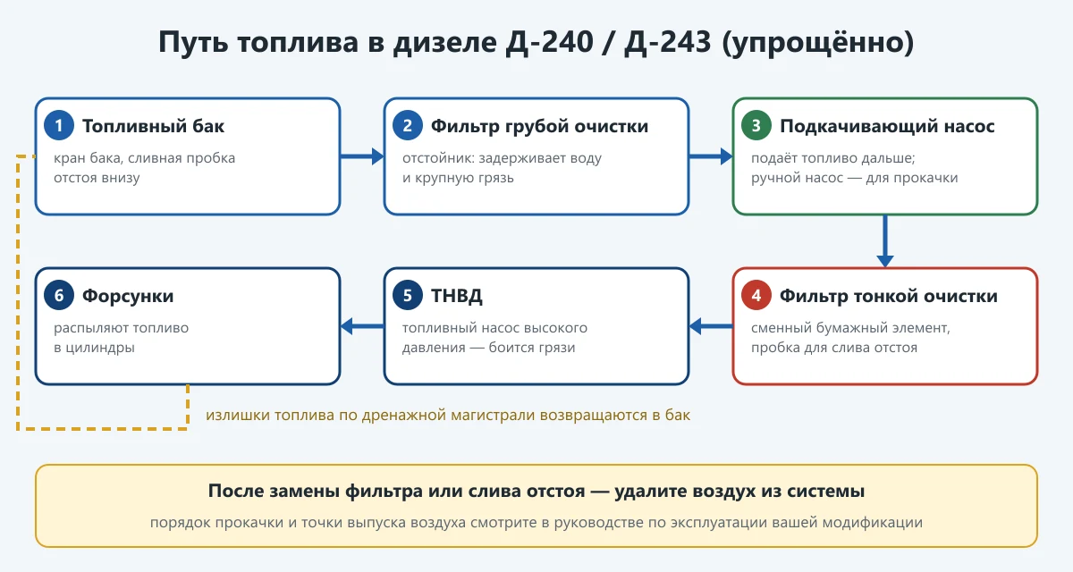 схема пути топлива в дизеле Д-240: бак, фильтр грубой очистки, подкачивающий насос, фильтр тонкой очистки, ТНВД, форсунки