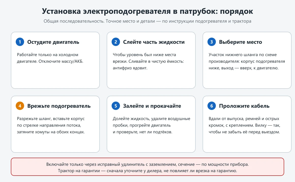 пошаговая схема установки электроподогревателя в нижний патрубок системы охлаждения трактора